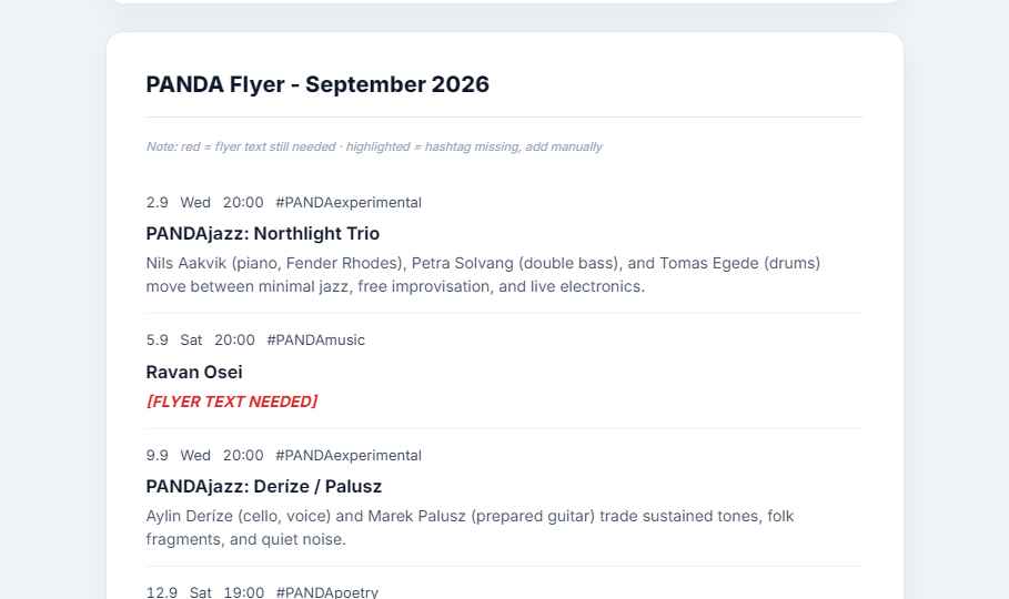 The flyer generator: a formatted monthly flyer with event listings, hashtags and missing-copy flags